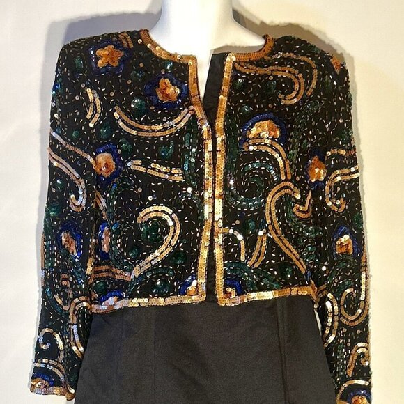 Night Vogue SZS Vintage Silk sequin cropped jacket Artsy Old Glamour Formal 80's - Picture 2 of 9
